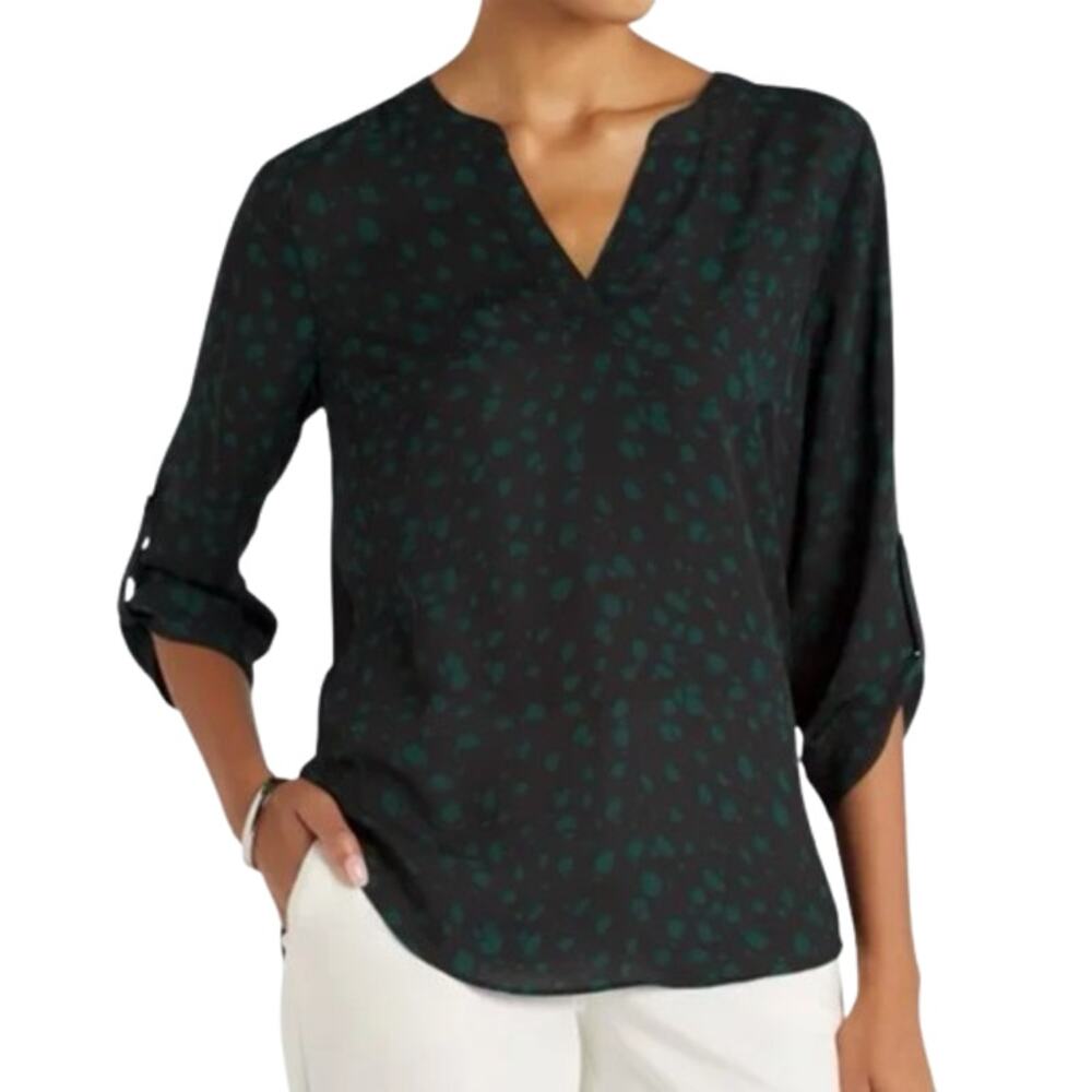 FORTUNE + IVY Womens Tulsa Mixed Material Blouse Small Black Green Abstract NWOT